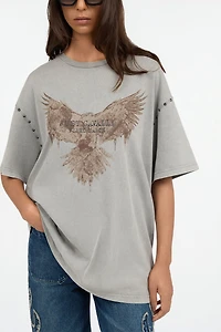 Grey T-Shirt With Eagle Print And Studs