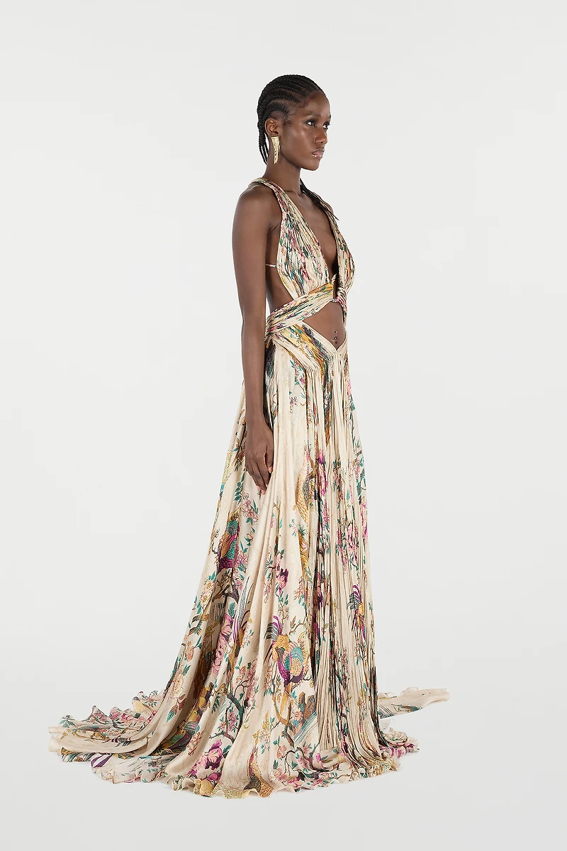 Extra-Long Silk Dress With Oriental Bird Print