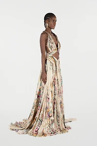 Extra-Long Silk Dress With Oriental Bird Print