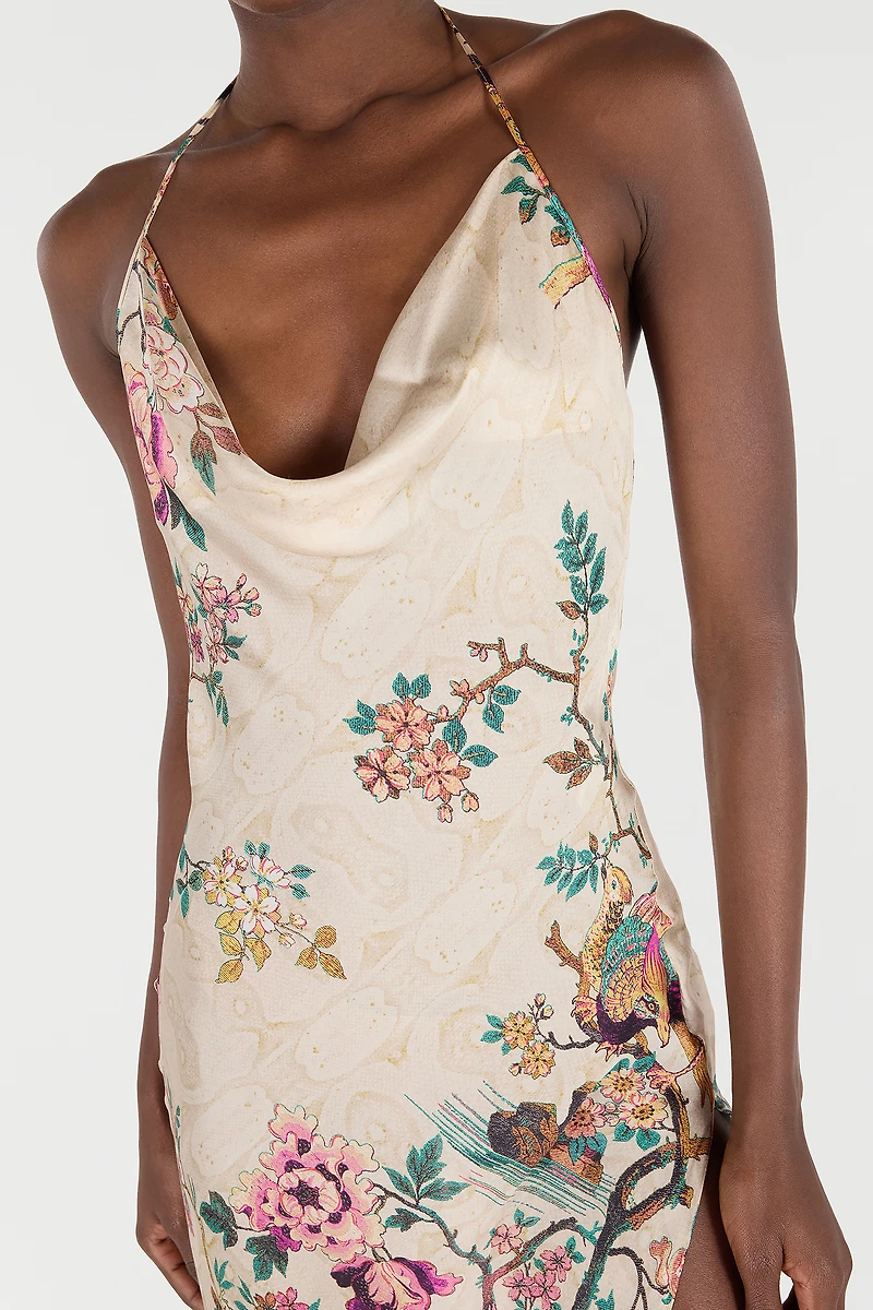 Extra-Long Pure Silk Dress With Oriental Bird Print