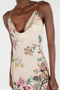 Extra-Long Pure Silk Dress With Oriental Bird Print