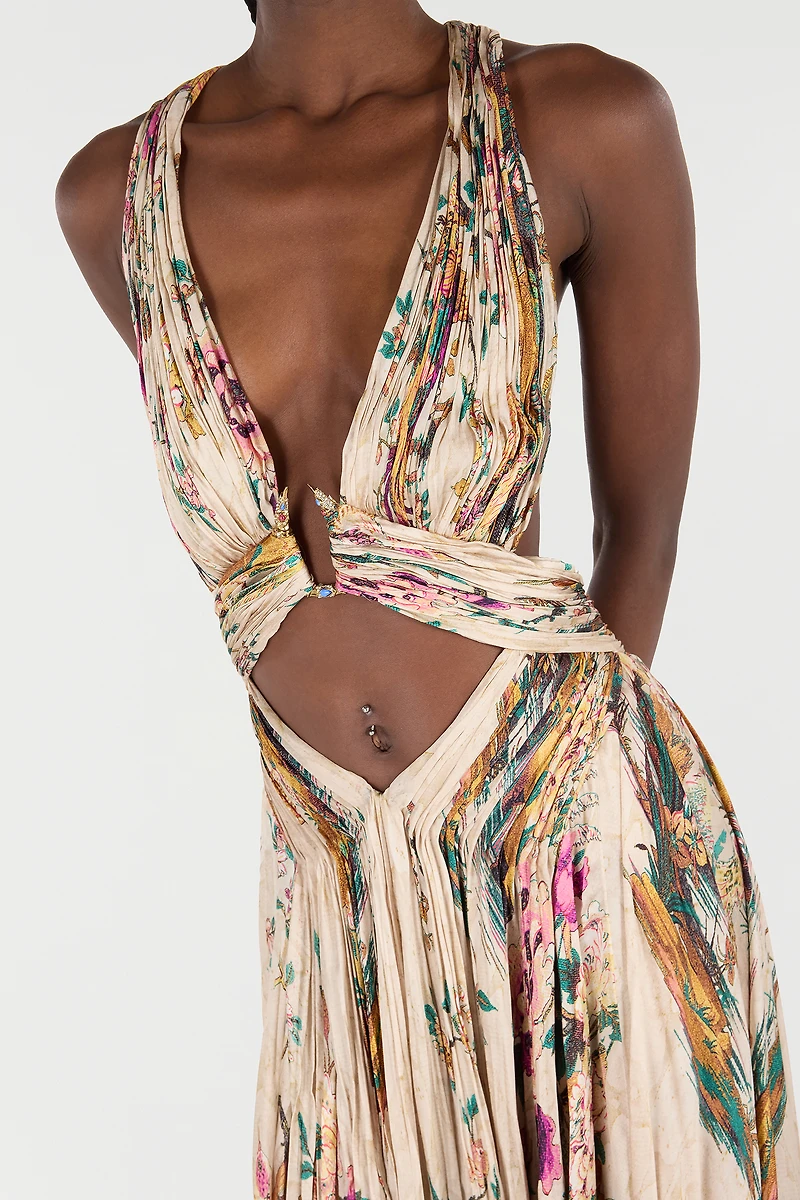 Extra-Long Silk Dress With Oriental Bird Print
