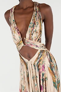 Extra-Long Silk Dress With Oriental Bird Print