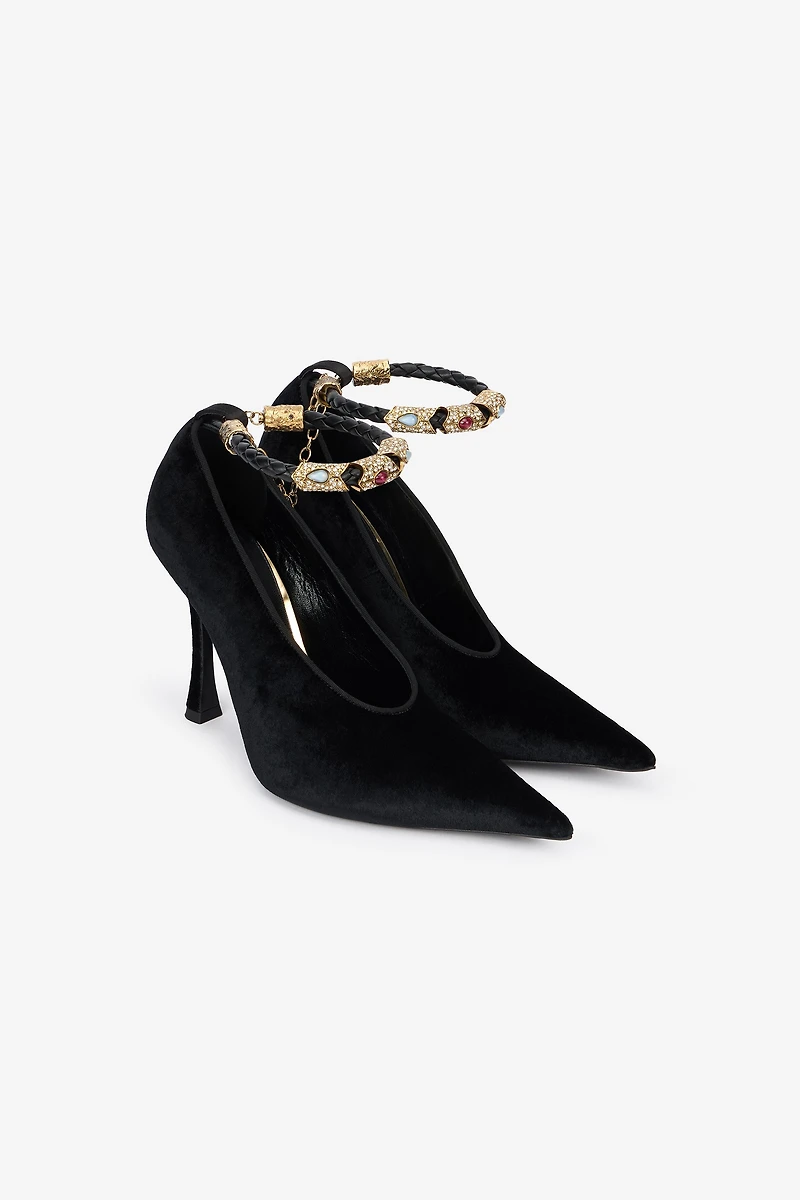 Roberto Cavalli Velvet Stiletto Heels With Jewel Anklet