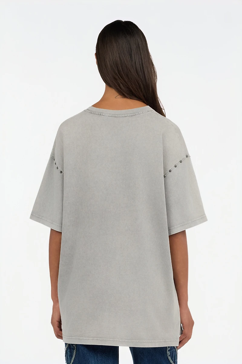 Grey T-Shirt With Eagle Print And Studs