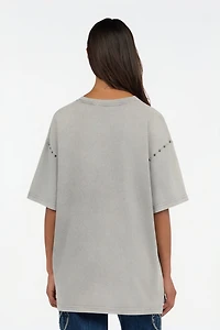 Grey T-Shirt With Eagle Print And Studs