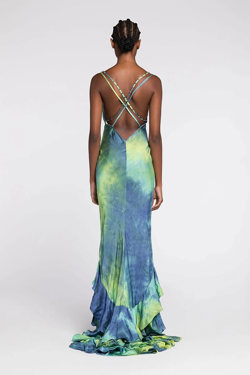 Tie-dye print ruffle-hem maxi dress