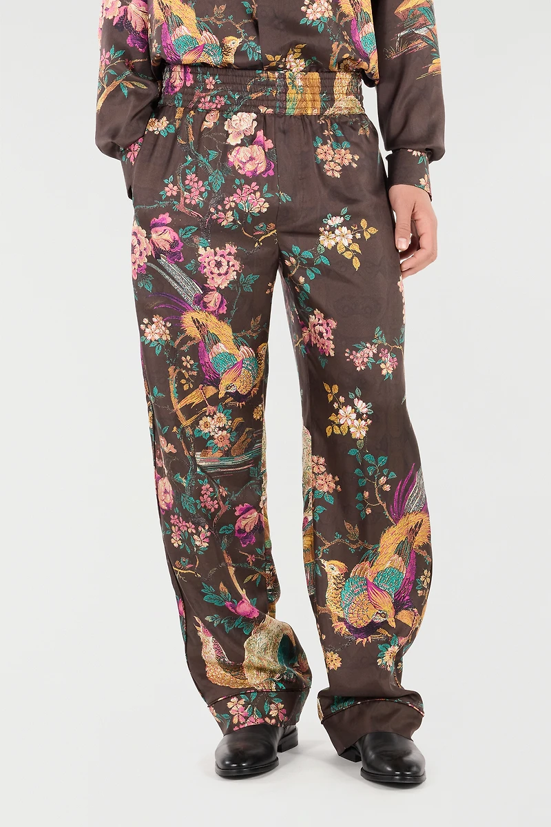 Silk Pants With Oriental Bird Print