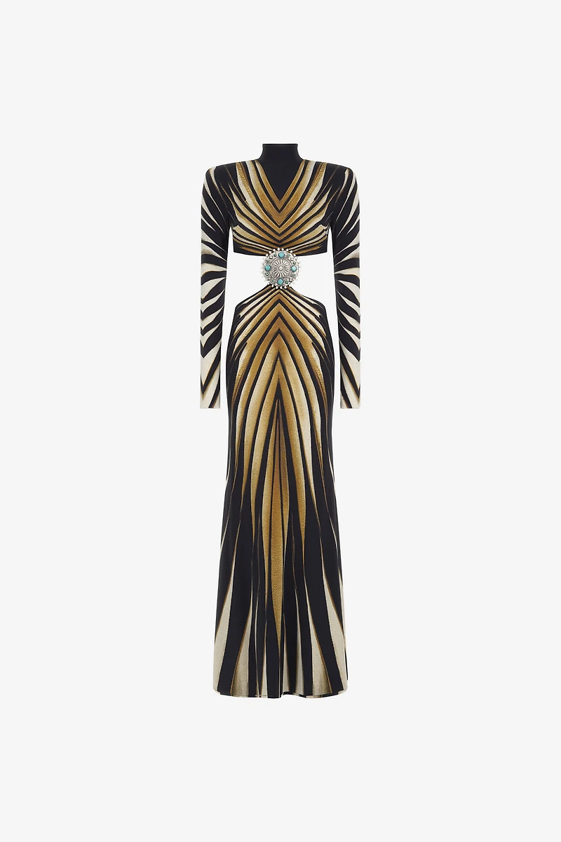Cut-out knit dress with Ray of Gold print