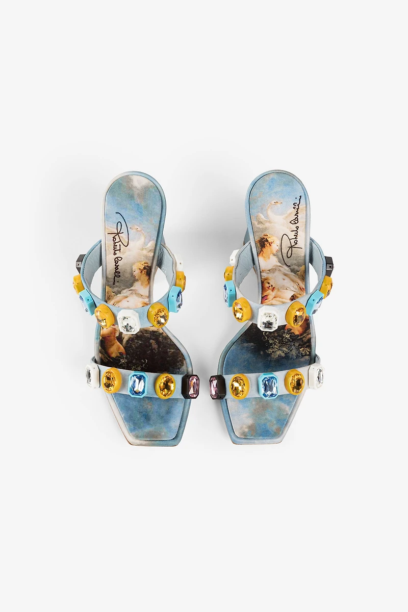 Crystal-embellished graphic-print sandals