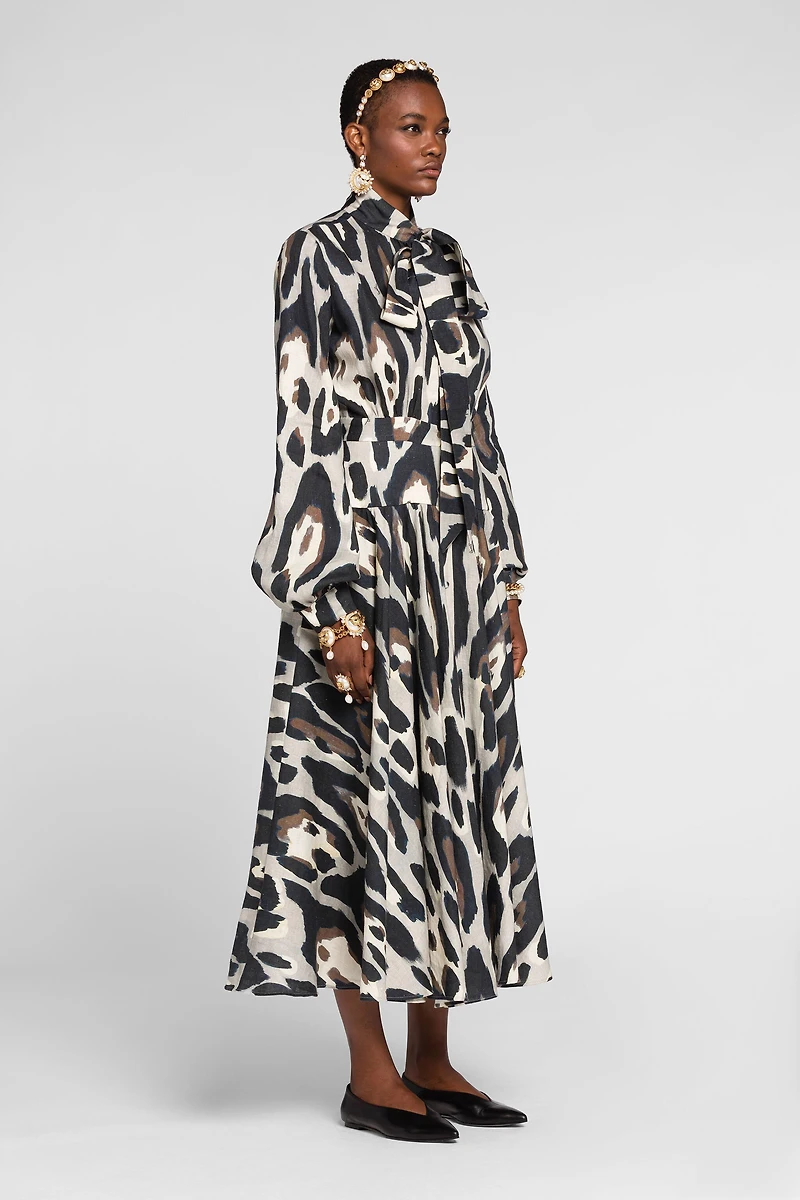 Animal-print linen midi dress