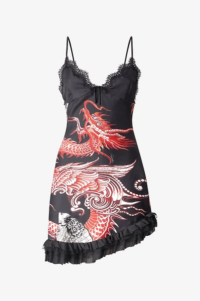 Silk Mini Dress With Dragon And Ruches