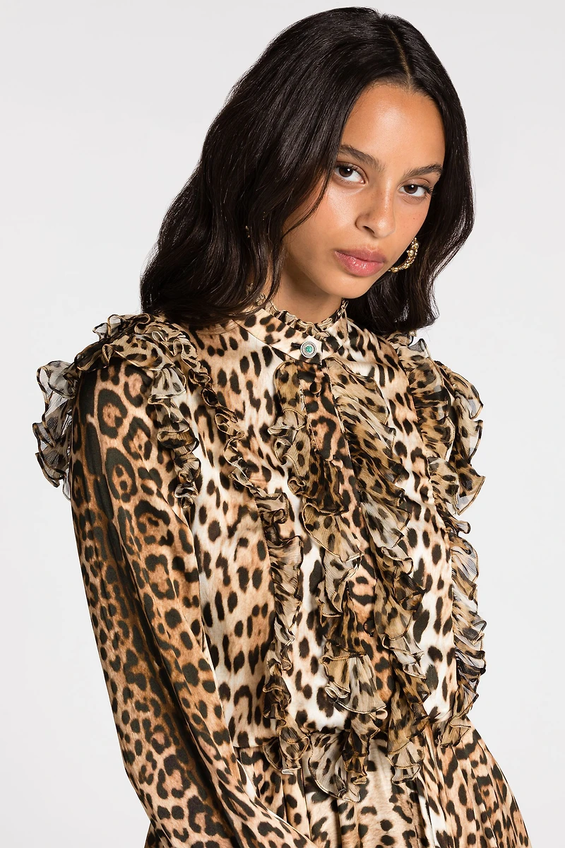 Ruffled-detail leopard-print dress