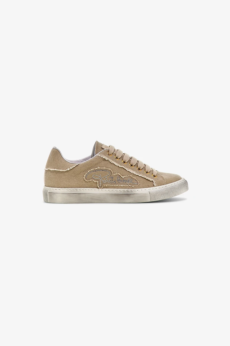Beige Low-Top Sneaker With Crystal Logo