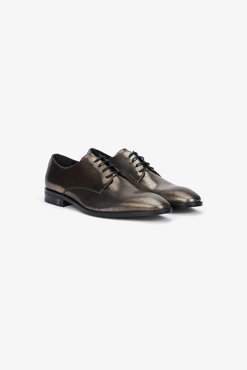 Brown Lace-Up Leather Loafers with Python Effect