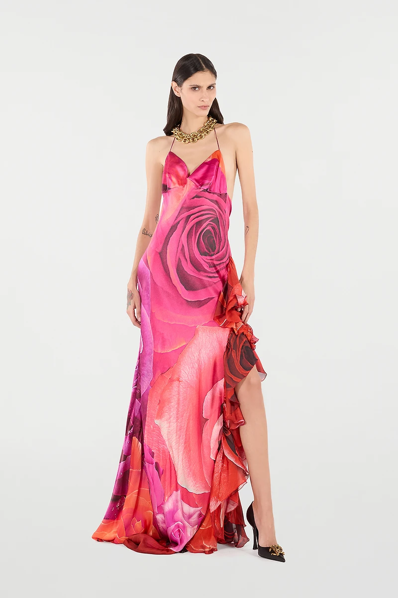 Dress With Rose Print And Flounces