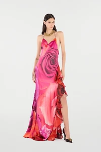 Dress With Rose Print And Flounces