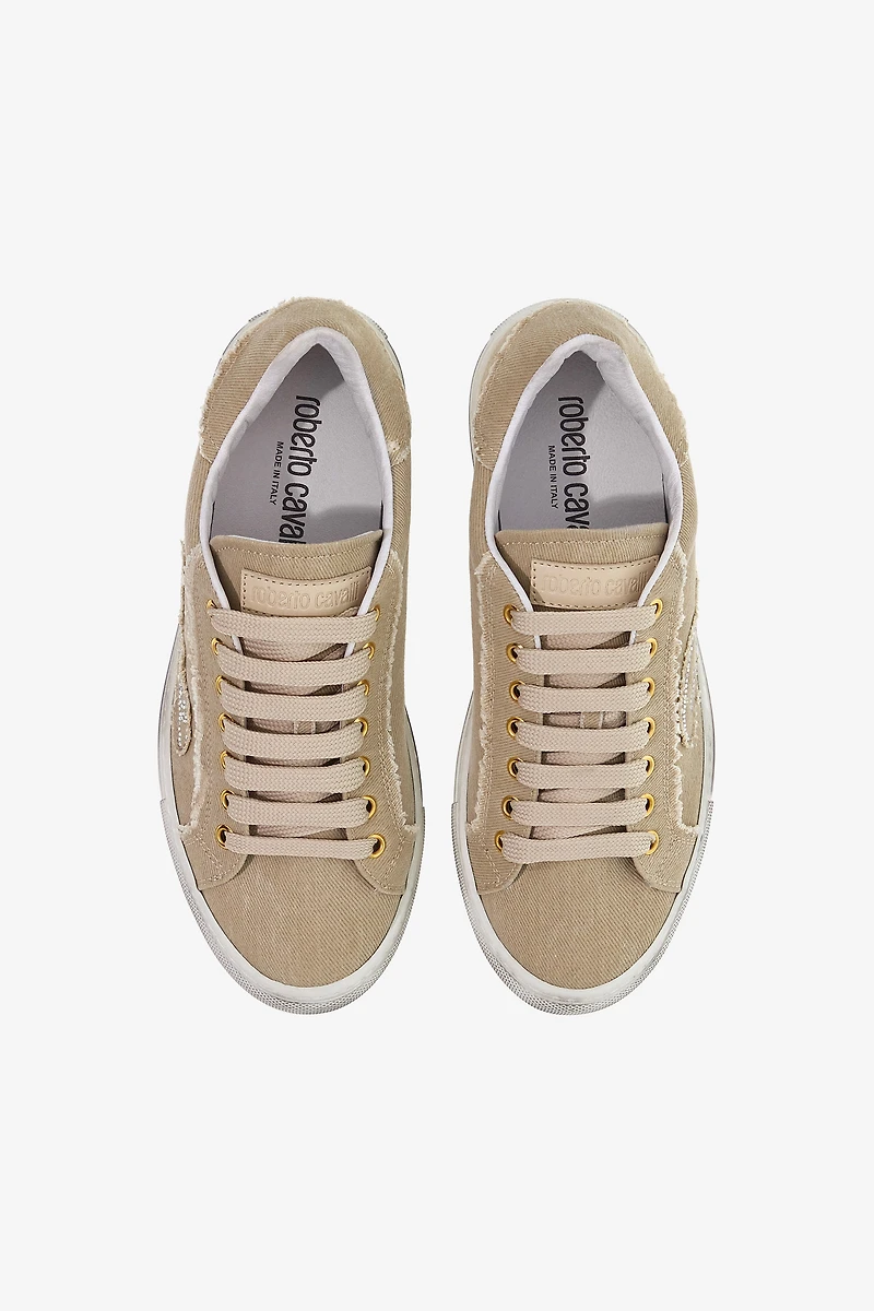 Beige Low-Top Sneaker With Crystal Logo