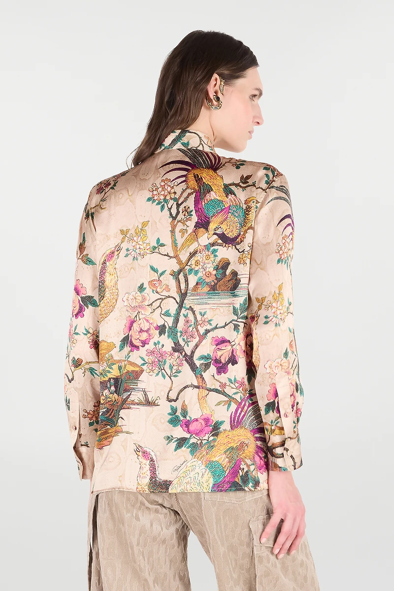 Silk Shirt With Oriental Bird Print