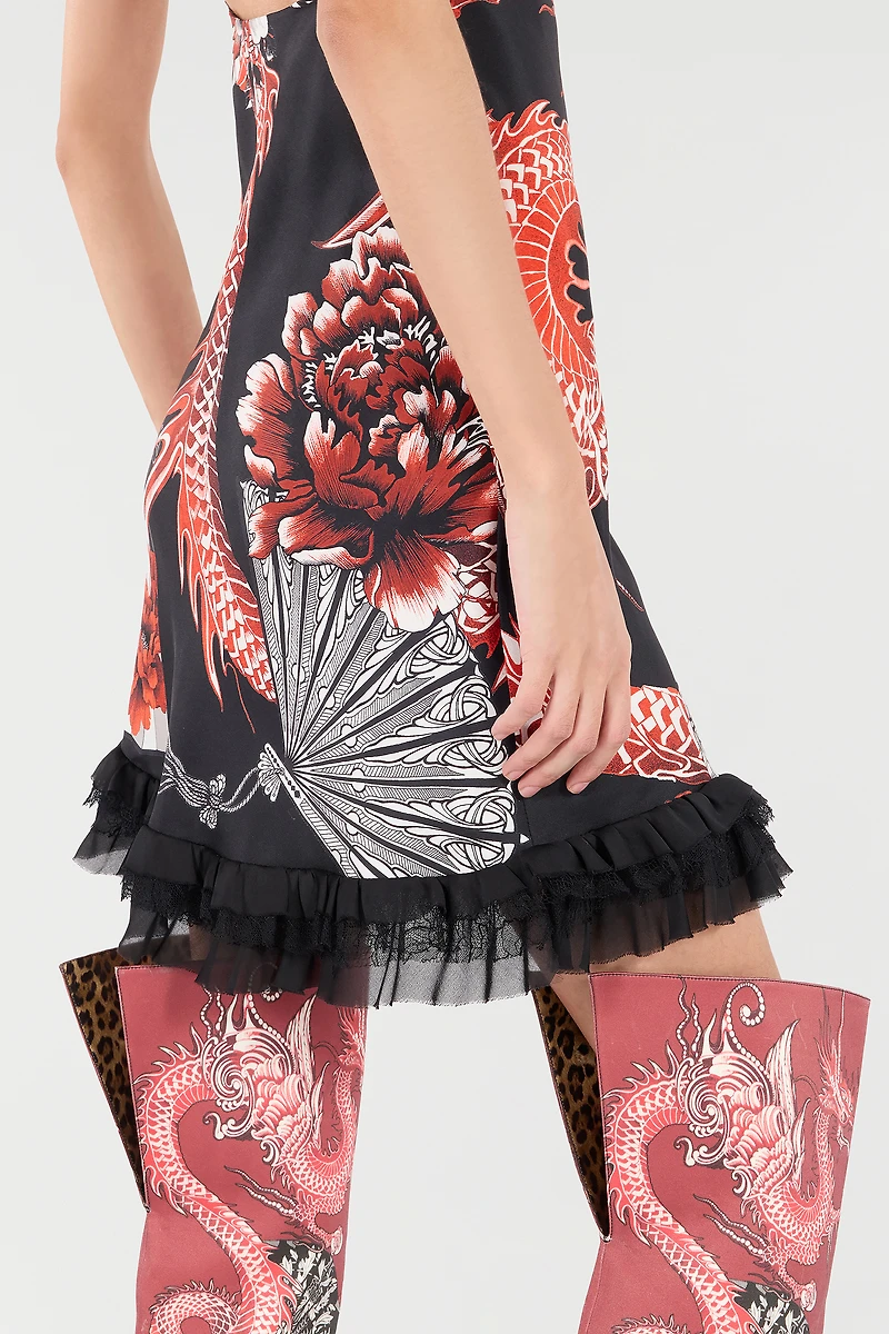 Silk Mini Dress With Dragon And Ruches