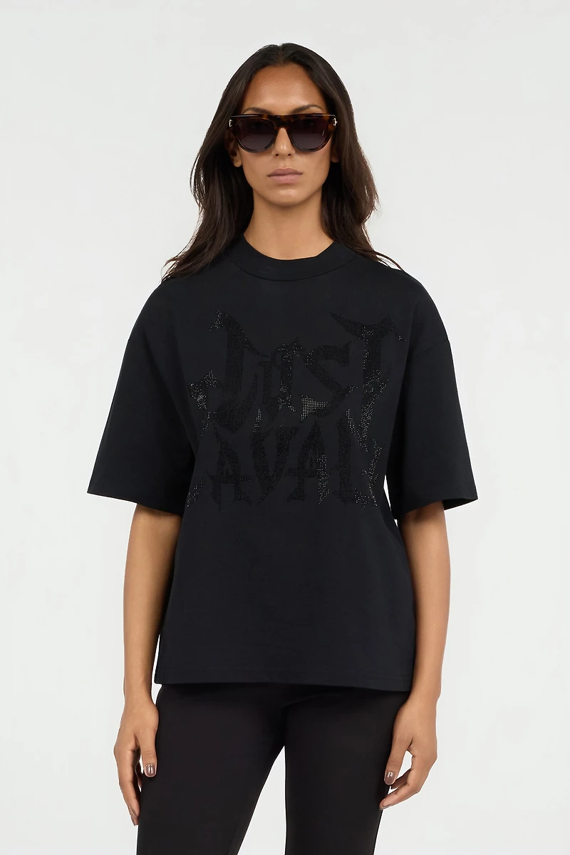 Just Cavalli Black T-Shirt with Rhinestone Logo