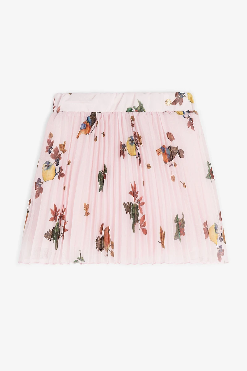 Bird-Print Pleated Skirt