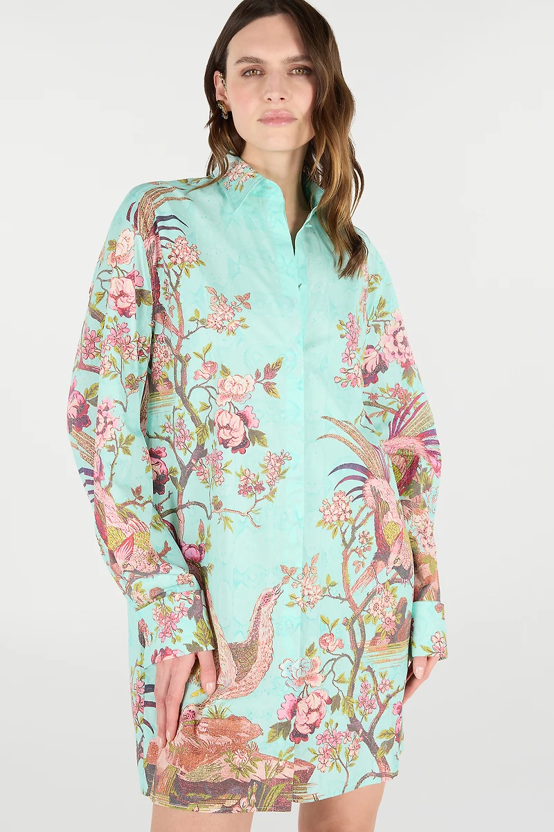 Shirt Dress With Oriental Bird Print