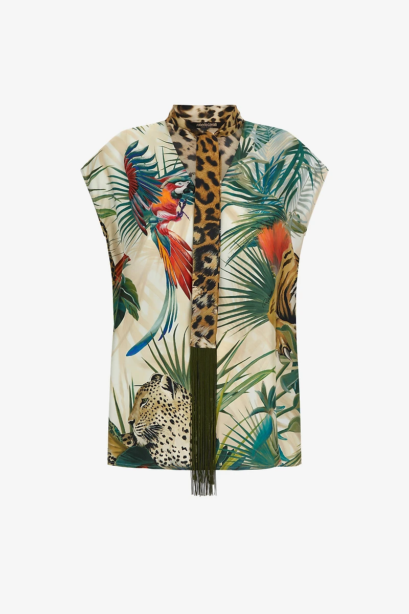 Jungle Print Silk Top With Scarf Detail