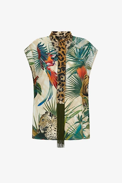 Jungle Print Silk Top With Scarf Detail