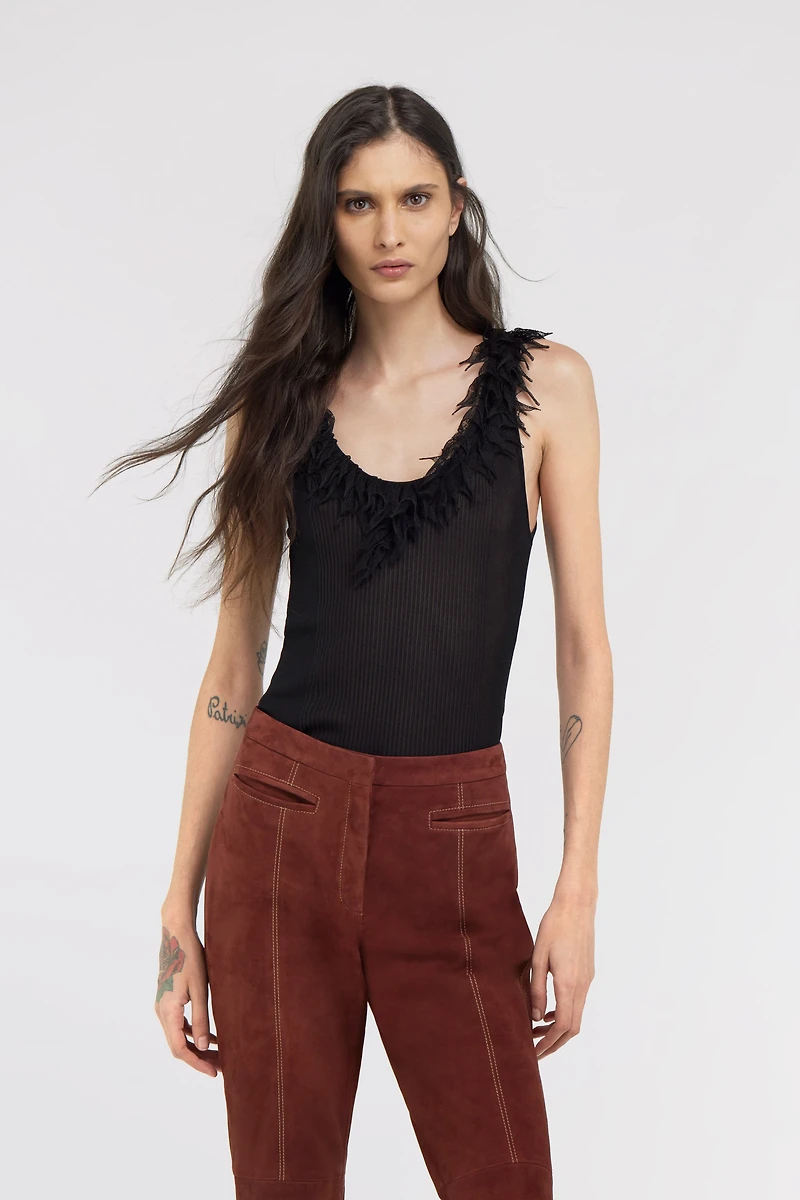 Black Ribbed Knit Top With Frayed Trim