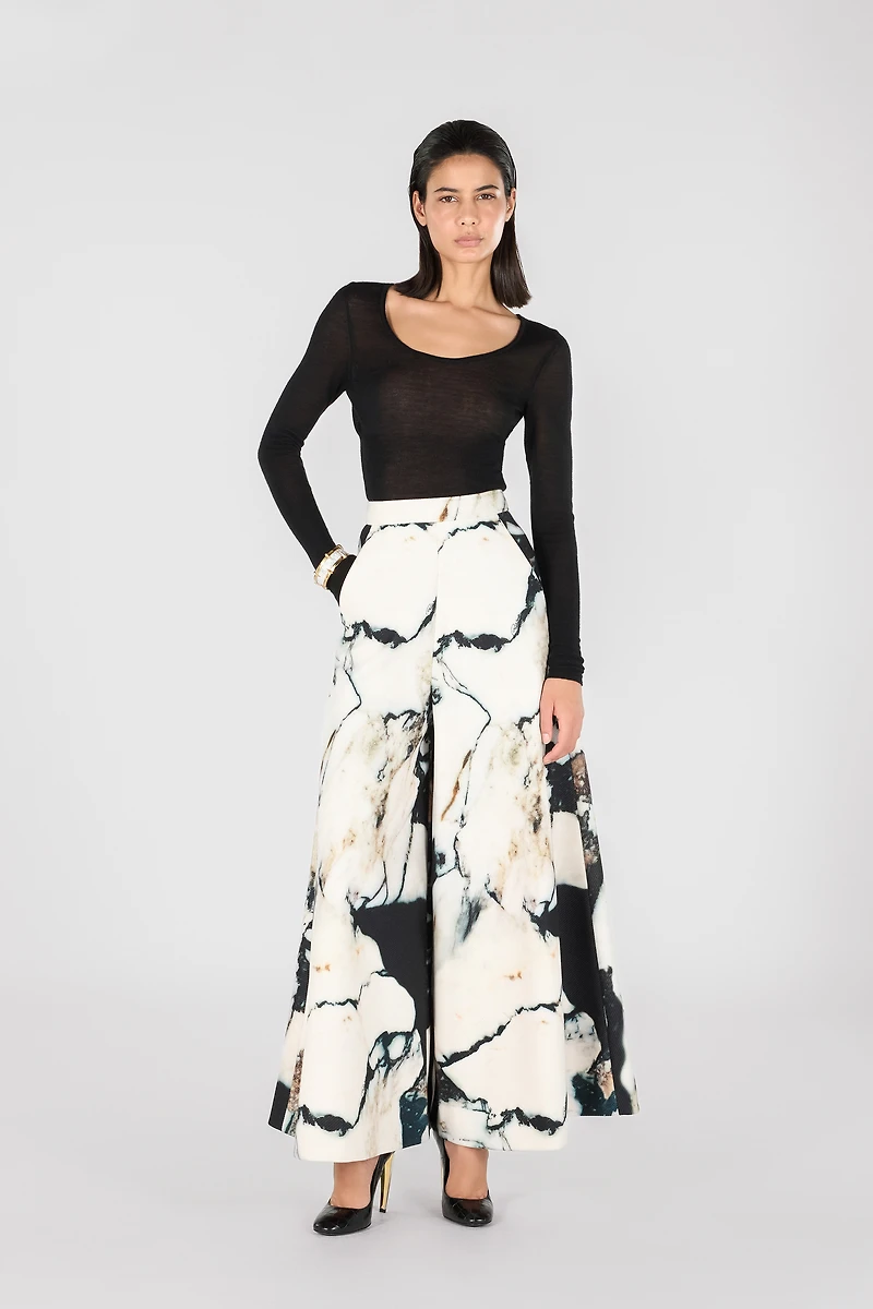 Loose flare trousers with Marble print