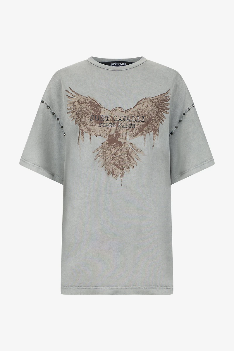 Grey T-Shirt With Eagle Print And Studs