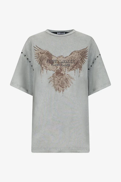 Grey T-Shirt With Eagle Print And Studs