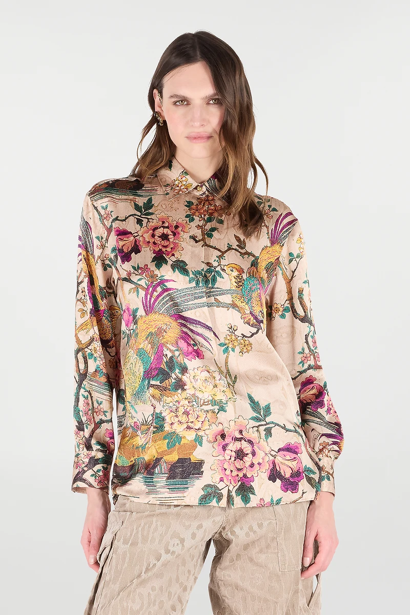 Silk Shirt With Oriental Bird Print