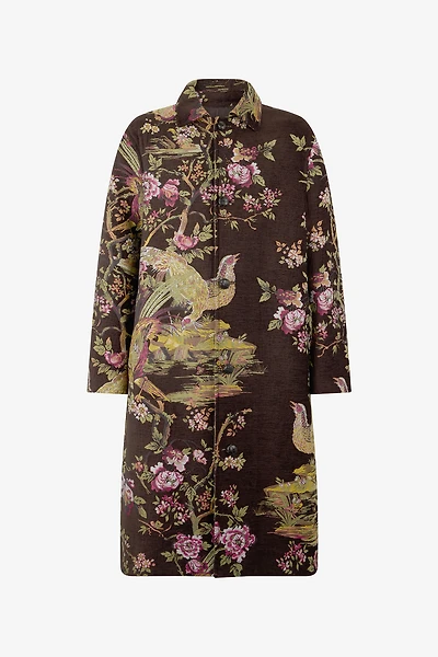 Wool-Blend Coat With Oriental Bird Print