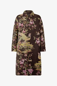 Wool-Blend Coat With Oriental Bird Print