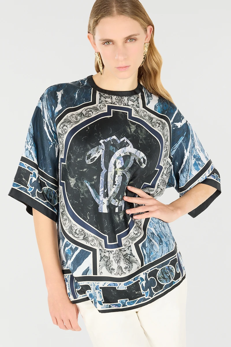 T-Shirt With Mirror Snake Monogram And Marble Print