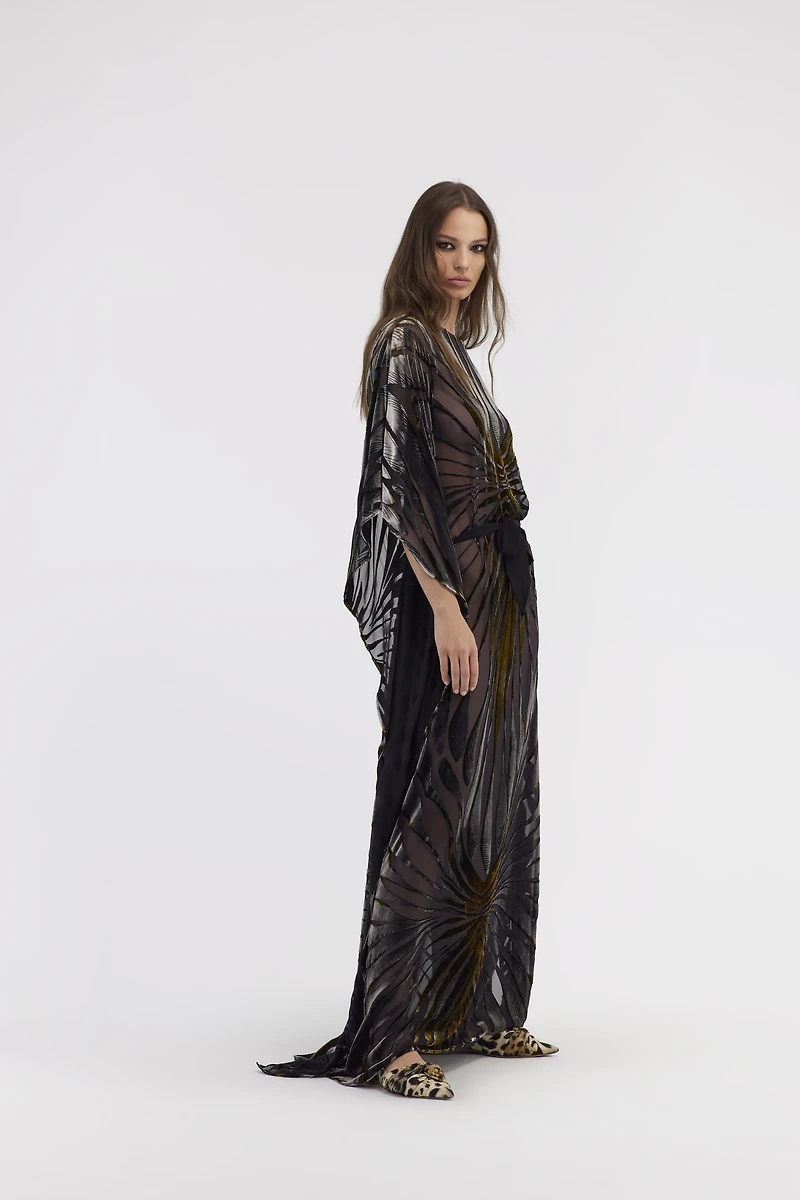 Velvet kaftan with Ray of Gold print