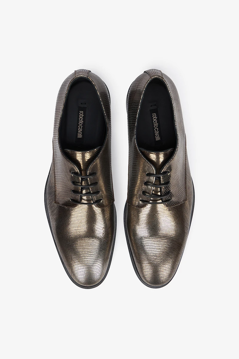 Brown Lace-Up Leather Loafers with Python Effect
