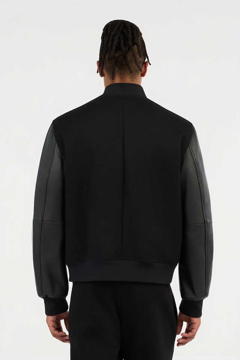 Black Bomber Jacket With Leather Sleeves