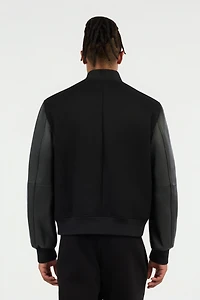 Black Bomber Jacket With Leather Sleeves