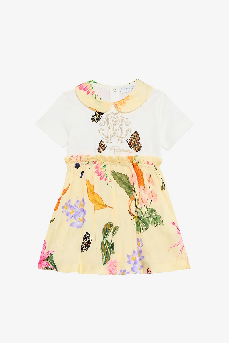 Milk White and Yellow Dress with Tropical Print