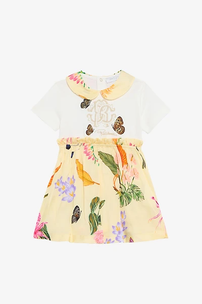 Milk White and Yellow Dress with Tropical Print