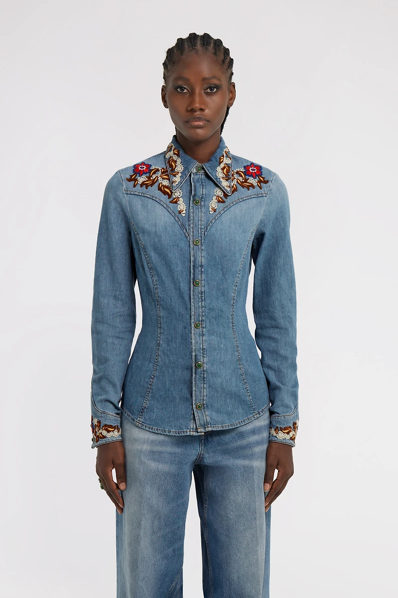 Blue Denim Shirt With Floral Embroidery