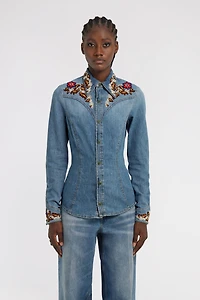 Blue Denim Shirt With Floral Embroidery