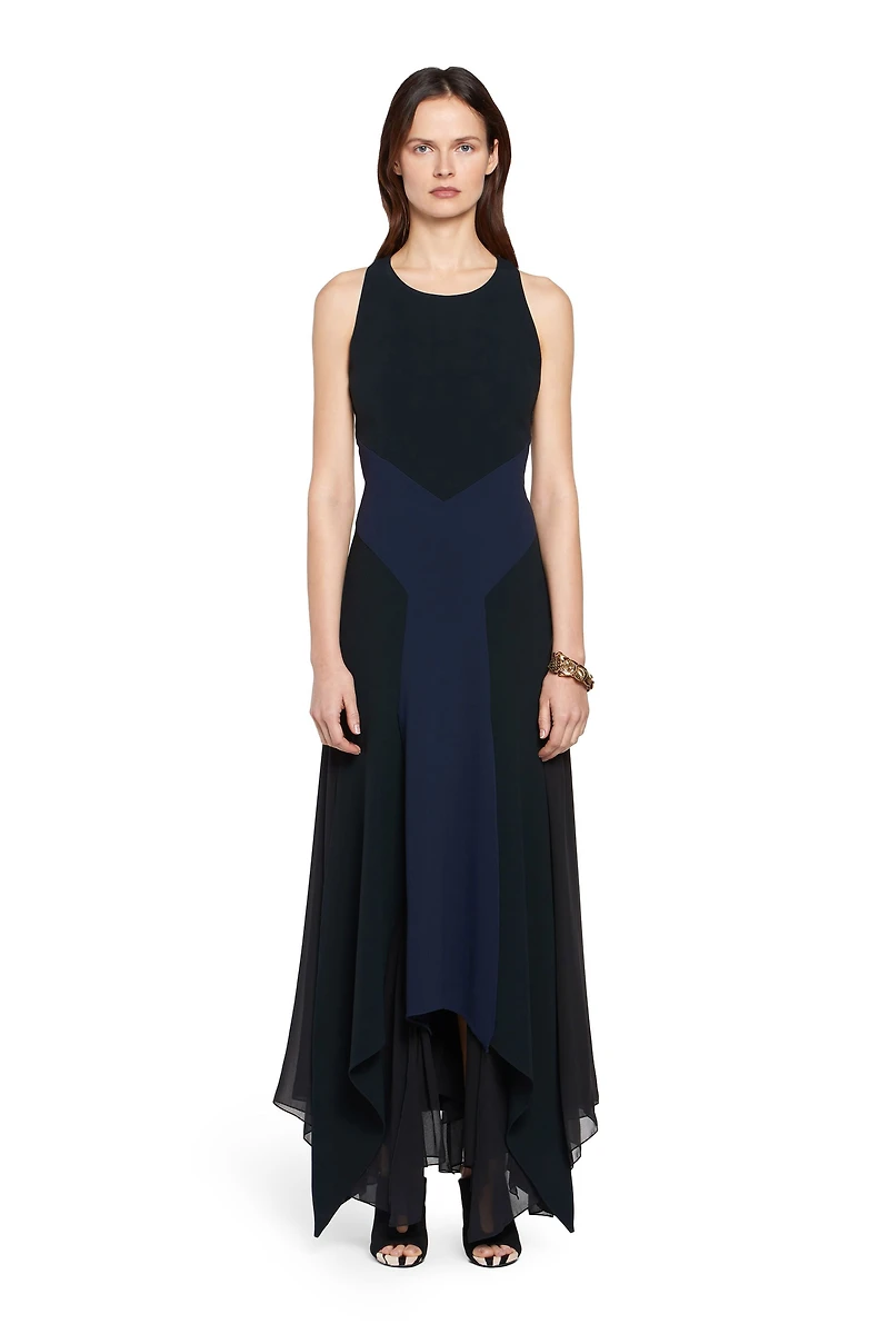 Long black and navy silk dress