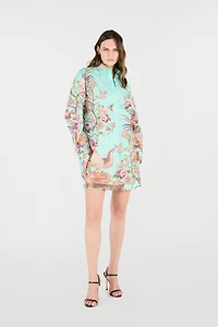Shirt Dress With Oriental Bird Print