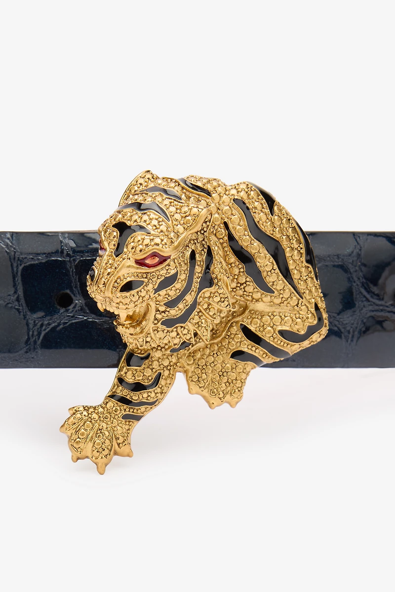 Crocodile-Effect Belt With Bejeweled Tiger