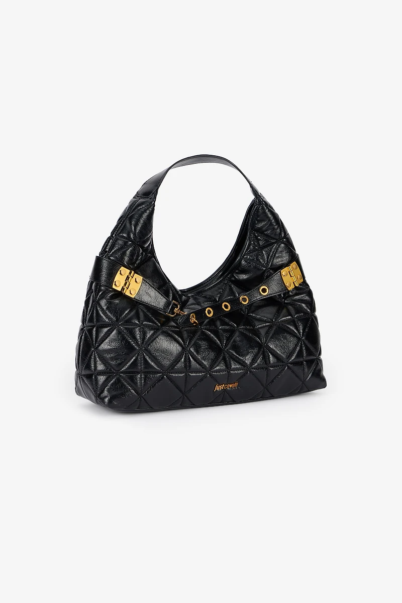 Black Quilted Shoulder Bag With Buckles