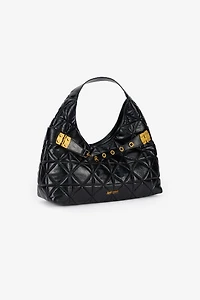 Black Quilted Shoulder Bag With Buckles